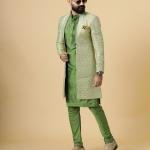 Handmade Lime Green Geometrical Embroidered Open Sherwani with Green Kurta Pajama for Men - Father Son Combo | Jaipurio